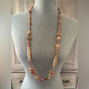 Vintage Boho Wooden bead necklace 18” Drop 36” Long
